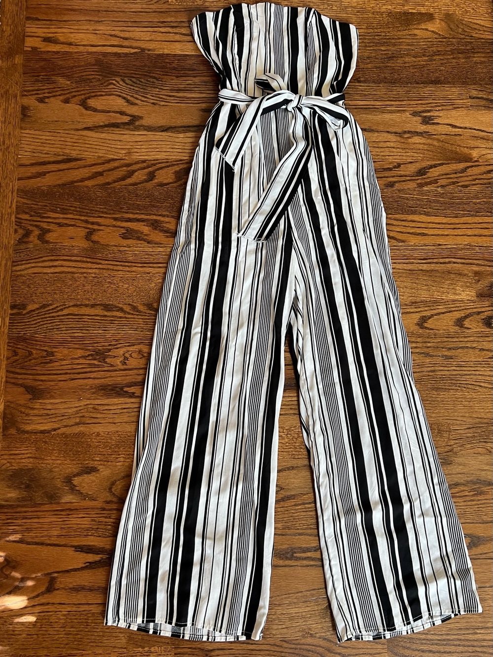 Charlotte Russe Black & White Strapless Striped Wide-Leg Jumpsuit